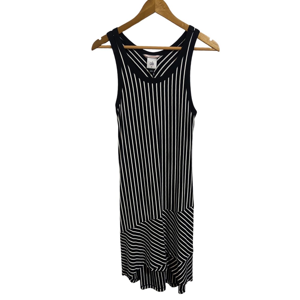 Cabi Black White Striped High‎ Low Sleeveless Knit Dress Coastal Resortwear XS - Picture 2 of 10